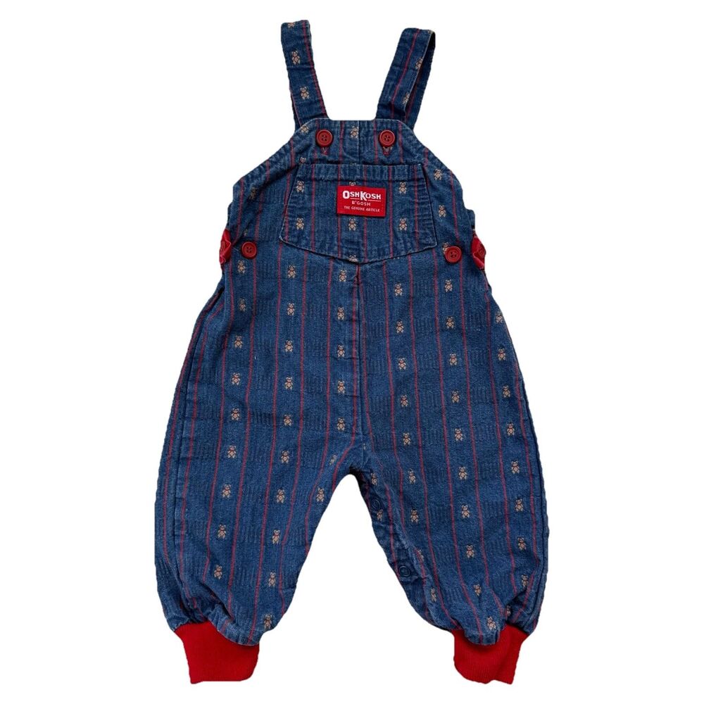 Osh Kosh B'Gosh Vintage Rare Denim Overalls Baby 6/9 Months Teddy Bear Red Strip